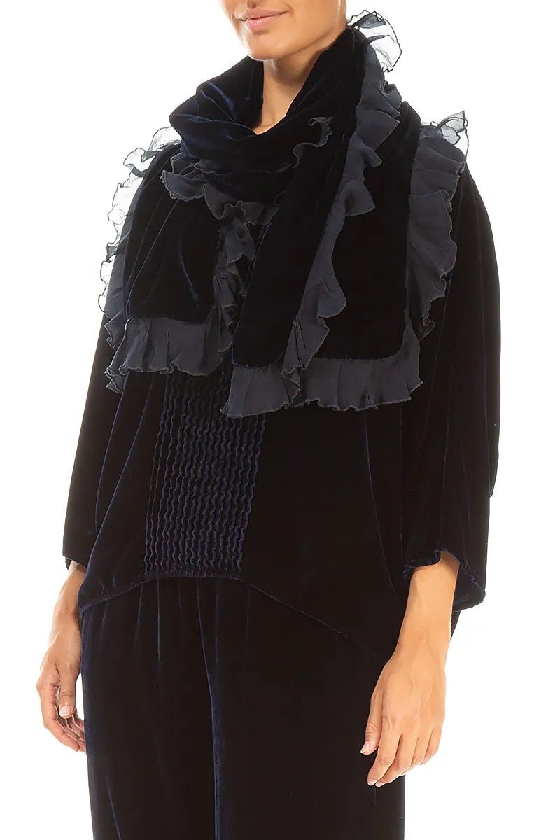 Ruffled Royal Blue Silk Velvet Scarf 3