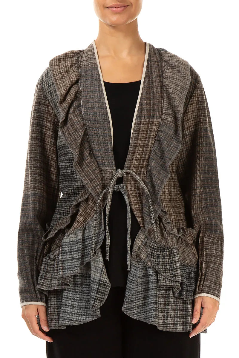 Ruffled Tie-Front Brown Wool Jacket