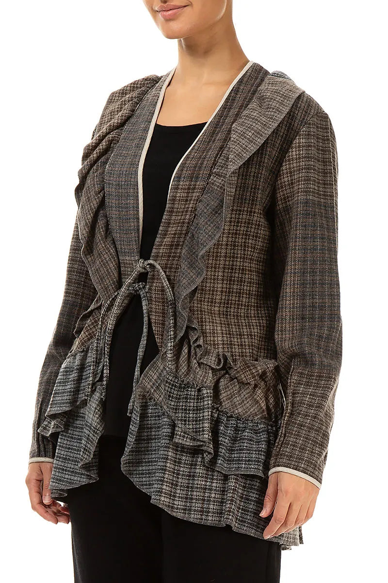 Ruffled Tie-Front Brown Wool Jacket