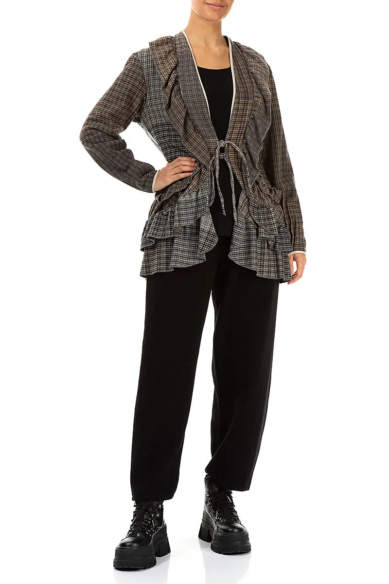 Ruffled Tie-Front Brown Wool Jacket