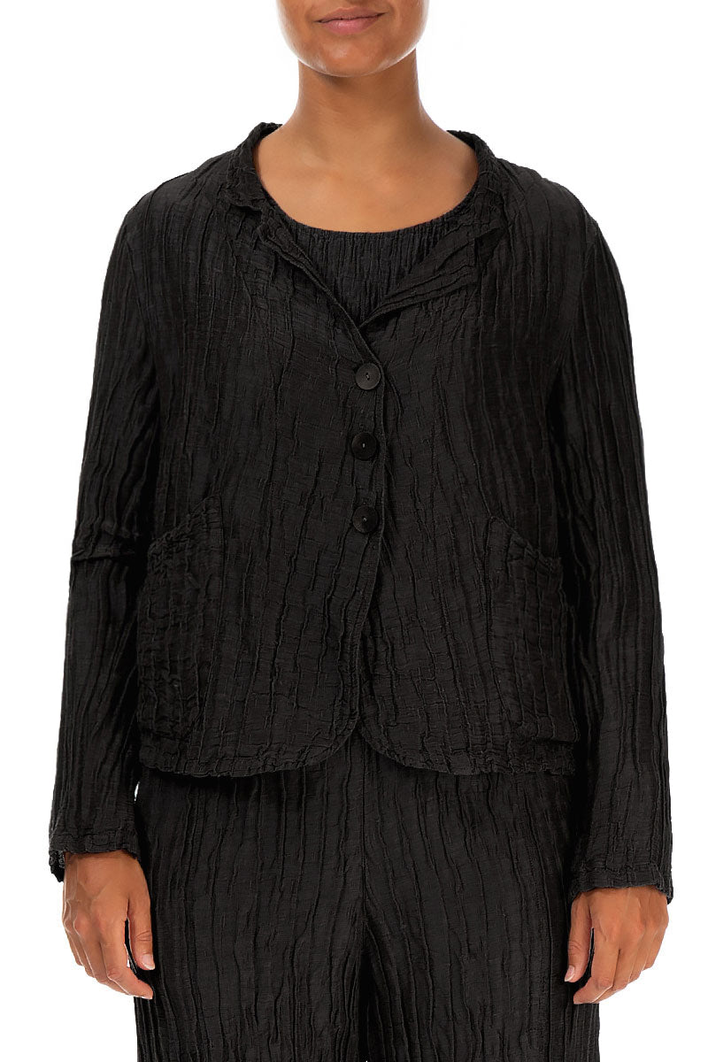 Short Crinkled Black Silk Linen Jacket 1
