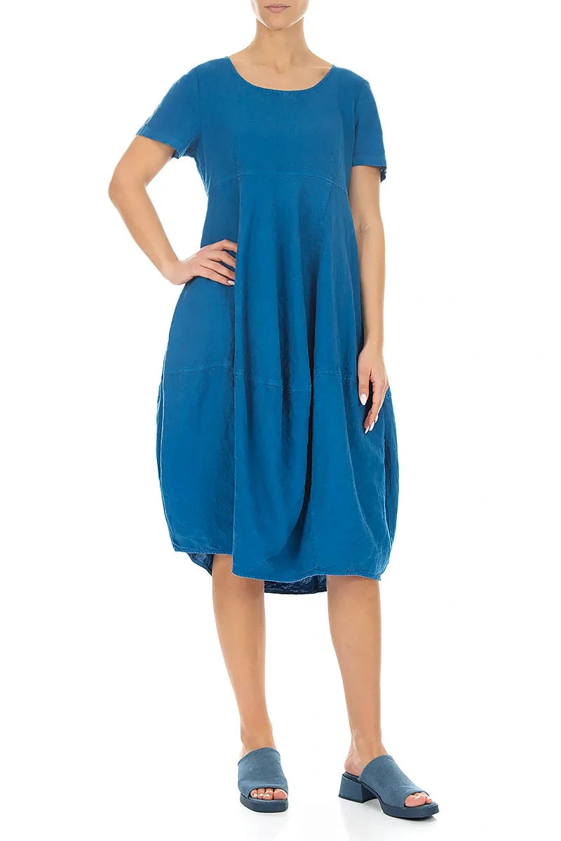 Robe courte bouffante en lin bleu cobalt à manches courtes