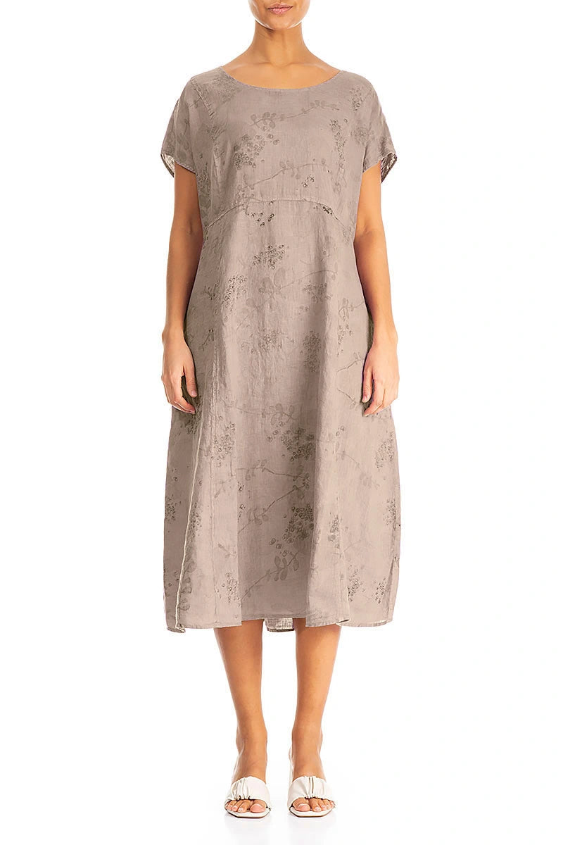 Short Sleeves Beige Blossom Linen Dress 1