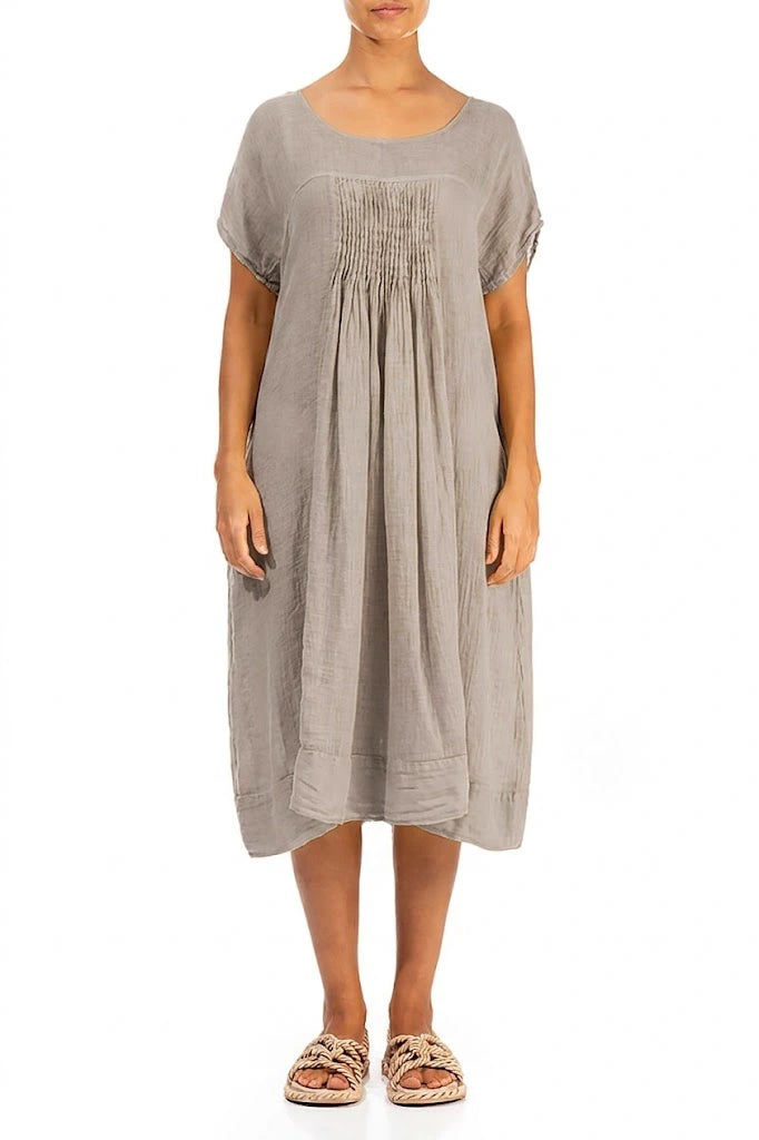 Short Sleeves Beige Gauze Linen Midi Dress 1
