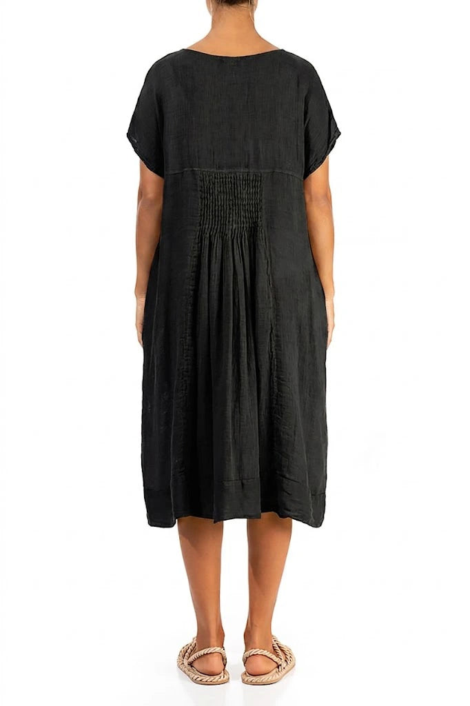 Short Sleeves Black Gauze Linen Midi Dress 2