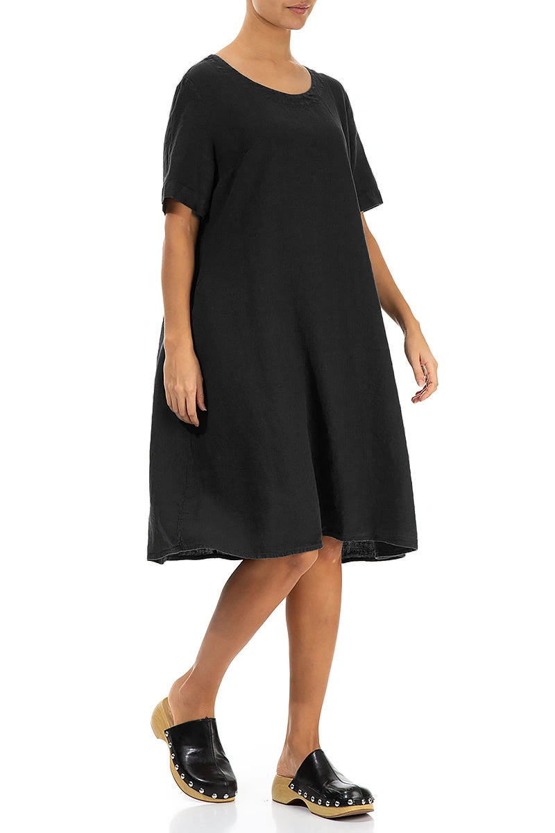 Short Sleeves Black Linen Dress