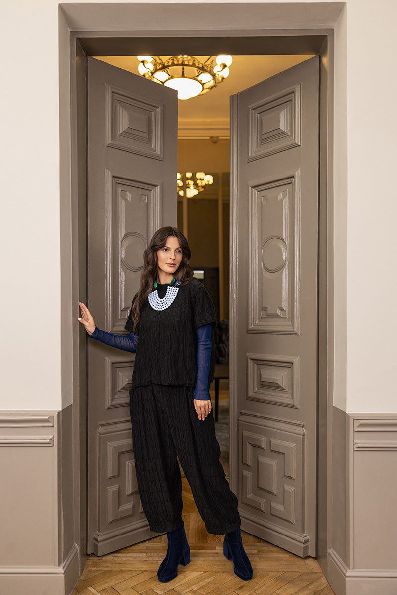 Short Sleeves Black Pleated Silk Linen Blouse 6