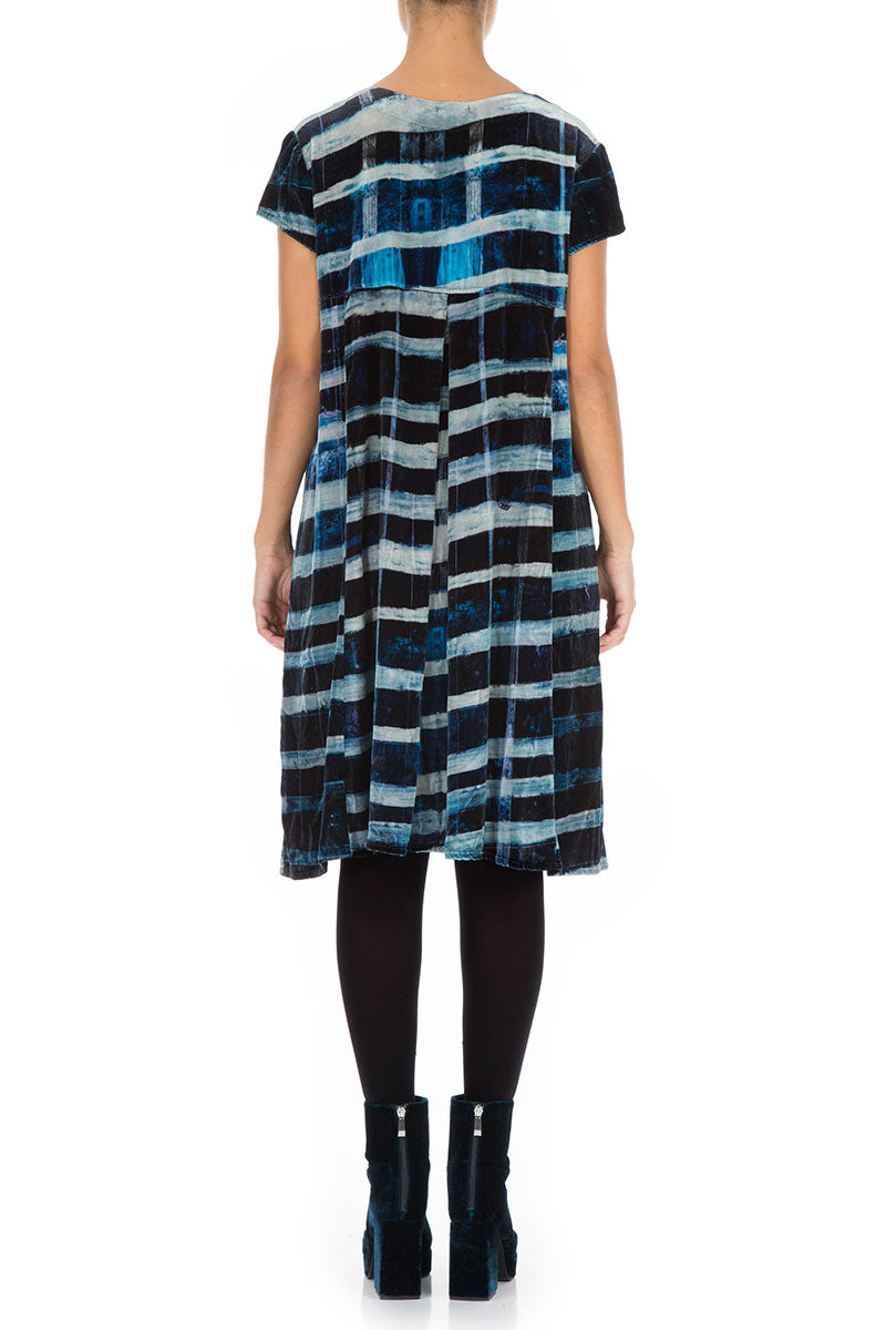 Short Sleeves Blue Lines Stretchy Silk Velvet Dress