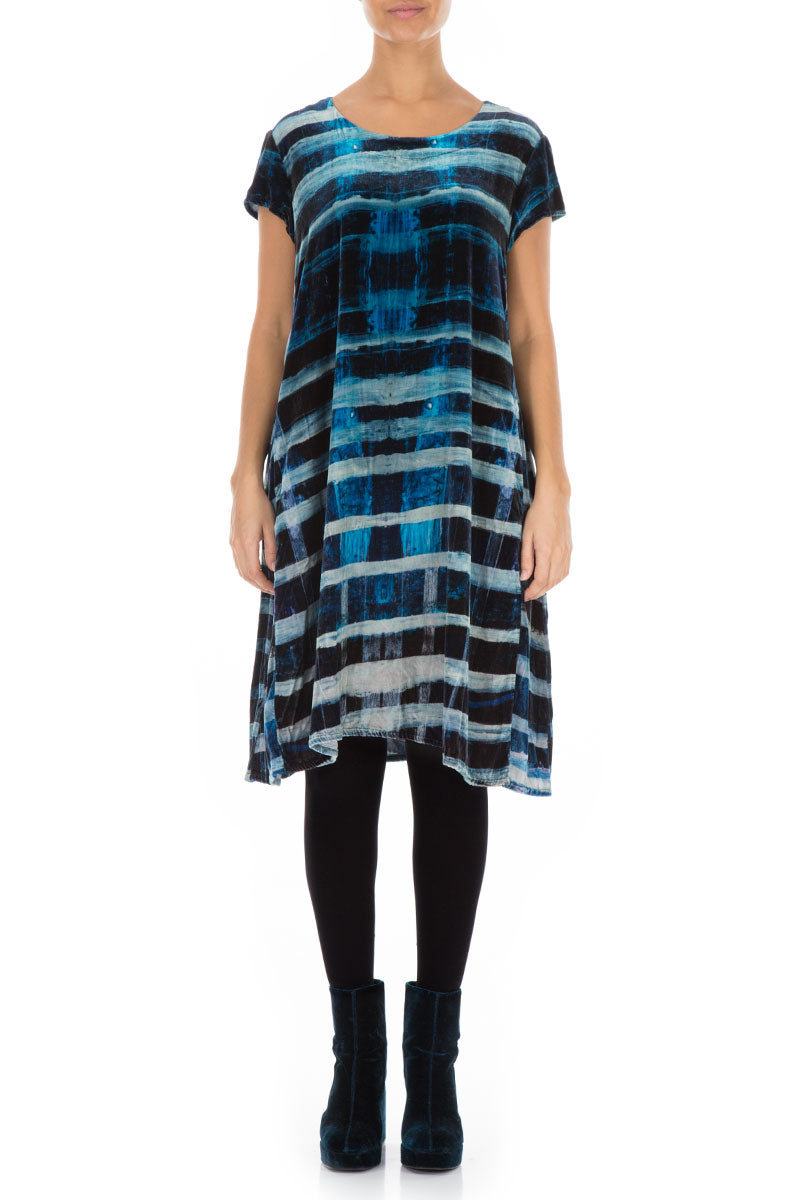 Short Sleeves Blue Lines Stretchy Silk Velvet Dress