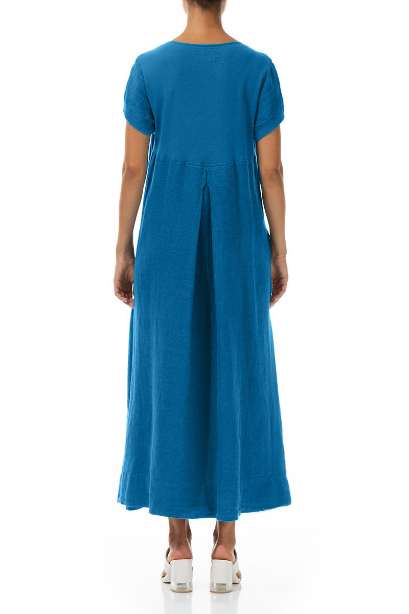 Kurzarm Maxikleid aus Leinen in Kobaltblau