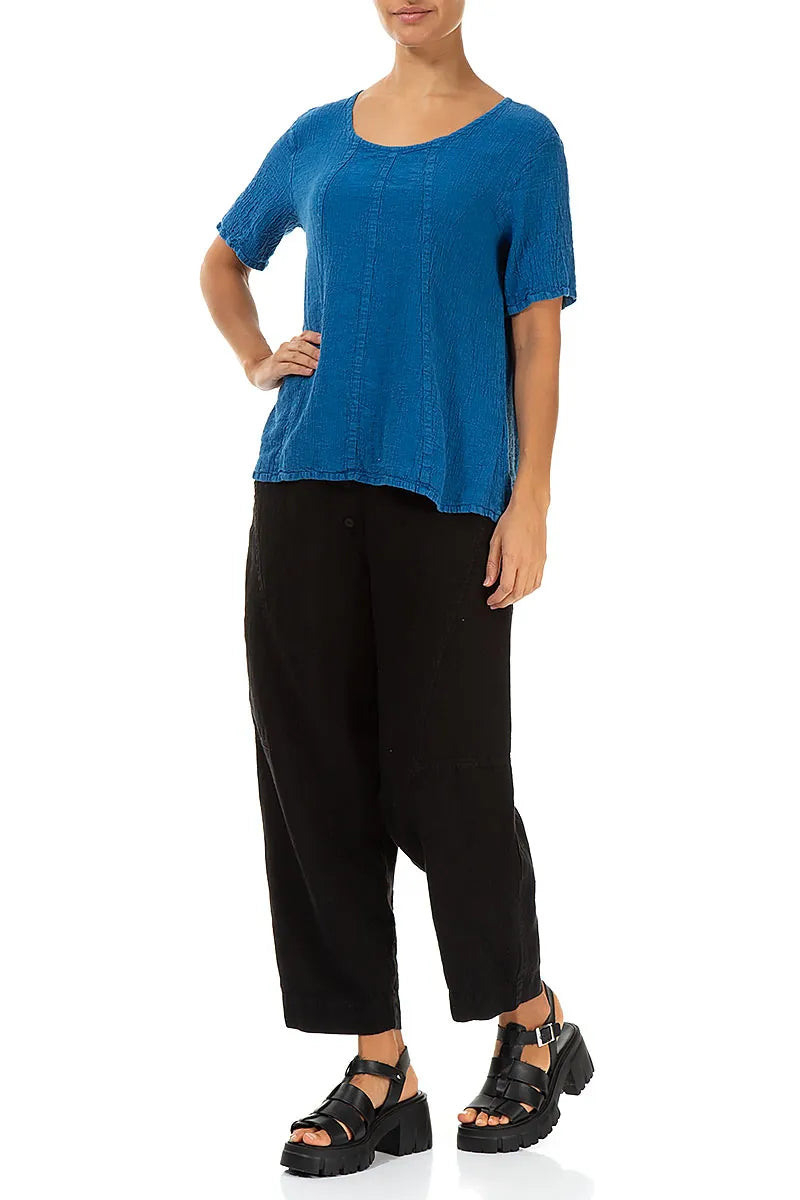 Short Sleeves Cobalt Blue Linen Viscose Blouse 4