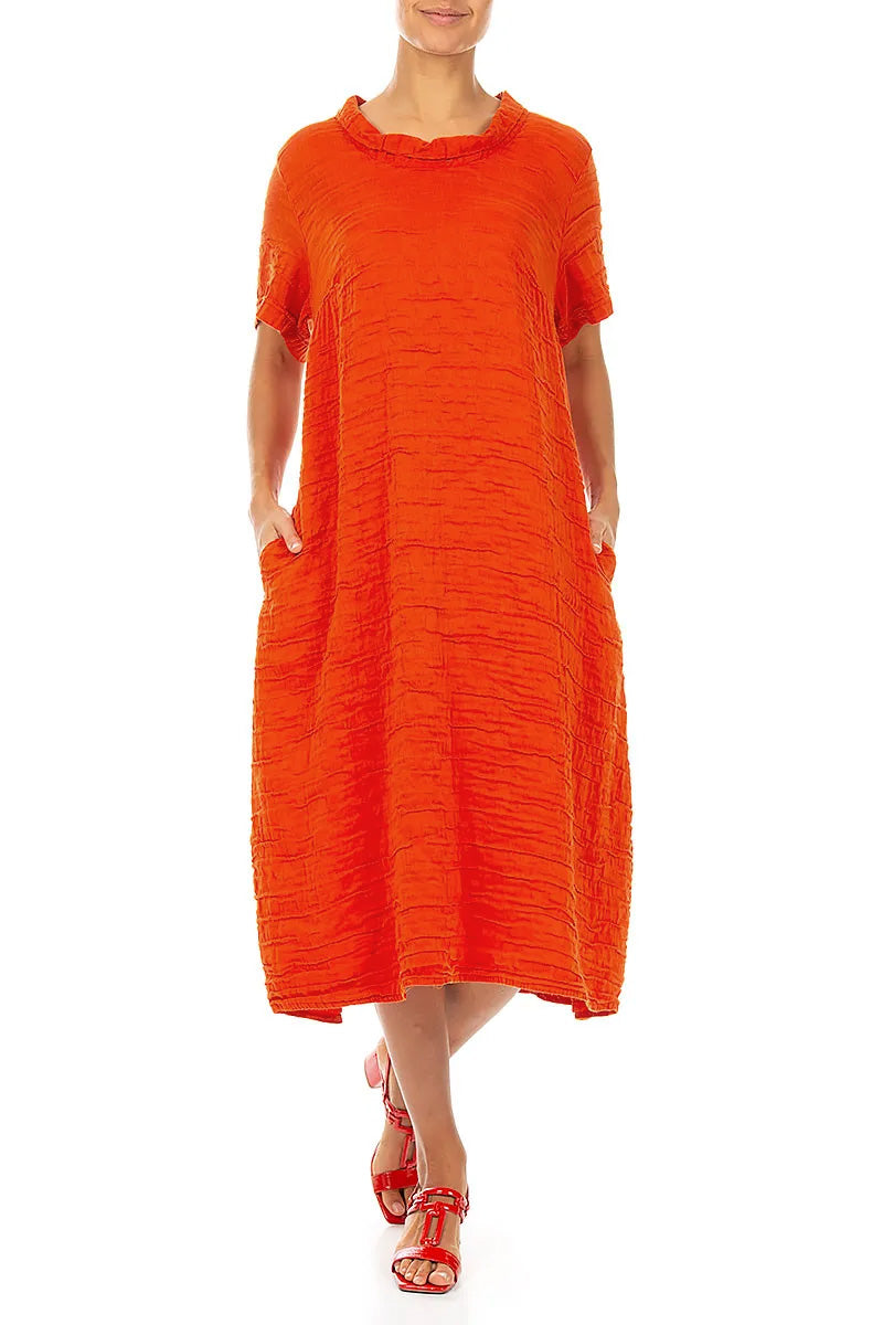 Short Sleeves Cowl Neck Flame Orange Crinkled Silk Linen Dress 4