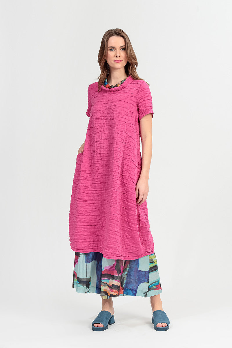 Short Sleeves Cowl Neck Fuchsia Crinkled Silk Linen Dress – grizas.com