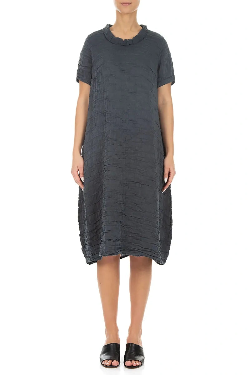 Short Sleeves Cowl Neck Graphite Crinkled Silk Linen Dress 1