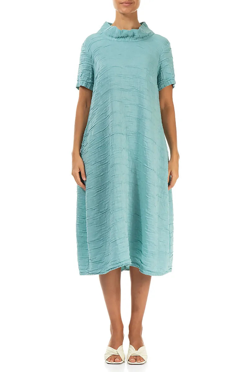 Short Sleeves Cowl Neck Mint Crinkled Silk Linen Dress 2XL