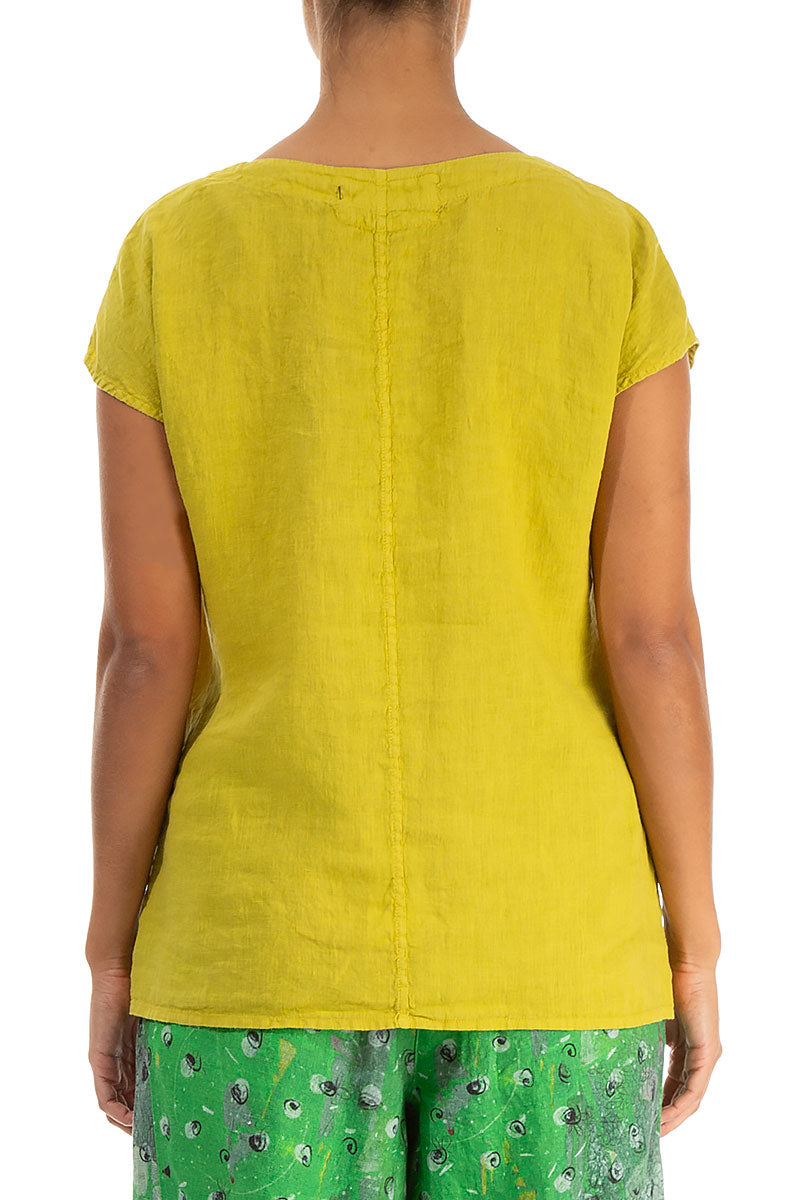Short Sleeves Cyber Lime Linen Blouse
