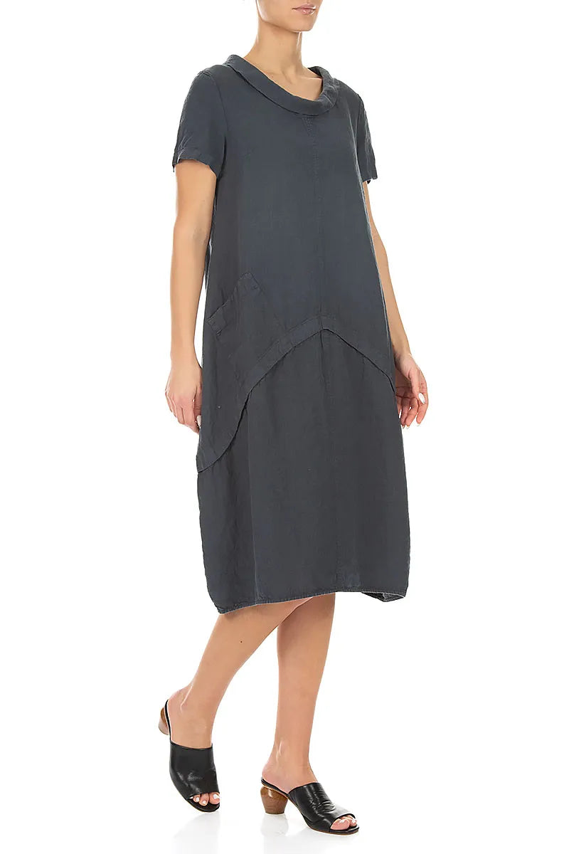 Short Sleeves Draped Collar Graphite Linen Dress 3
