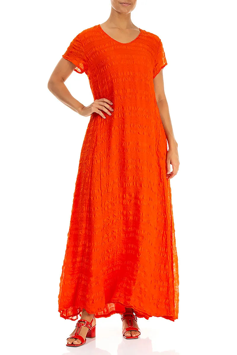 Short Sleeves Flame Orange Light Silk Maxi Dress 4
