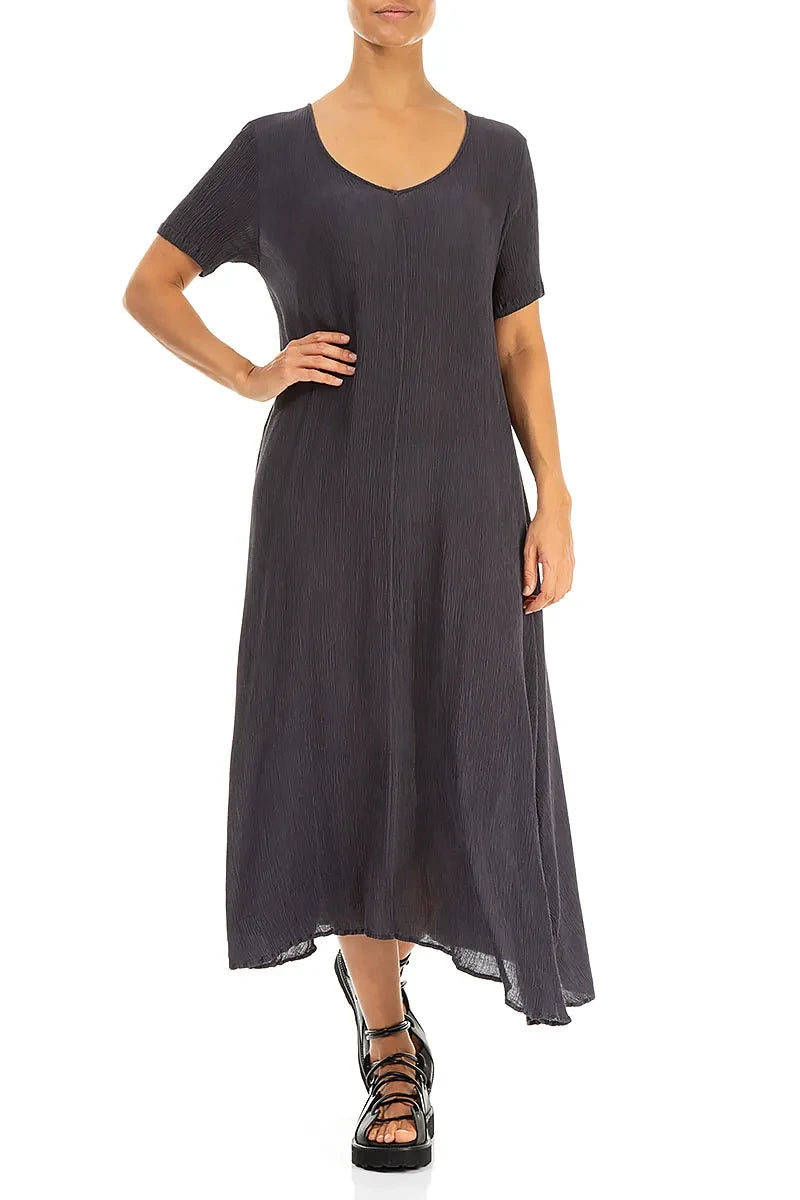 Short Sleeves Flared Graphite Silk Viscose Dress