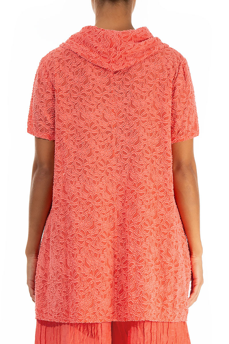 Short Sleeves Floral Living Coral Silk Tunic