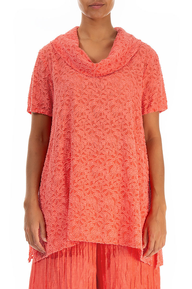 Short Sleeves Floral Living Coral Silk Tunic