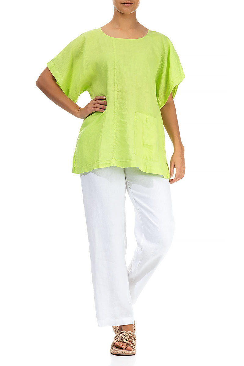 Short Sleeves Lime Linen Blouse 4