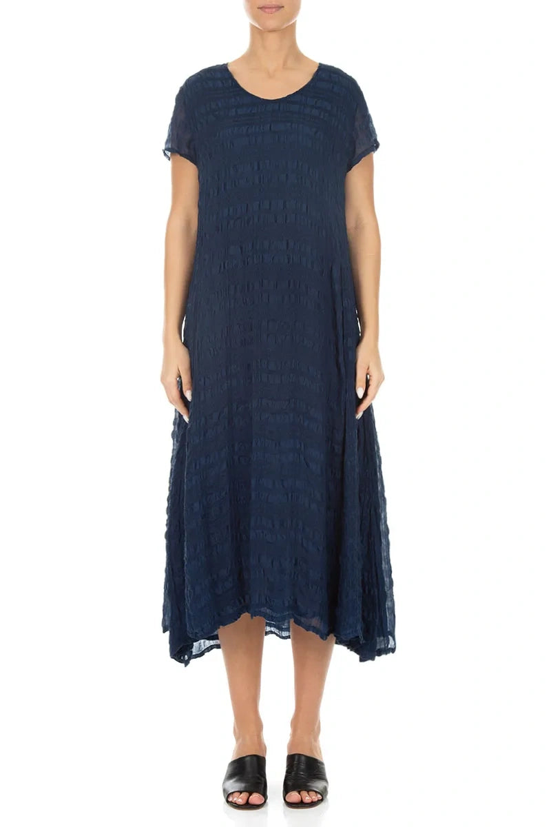 Short Sleeves Navy Light Silk Dress M