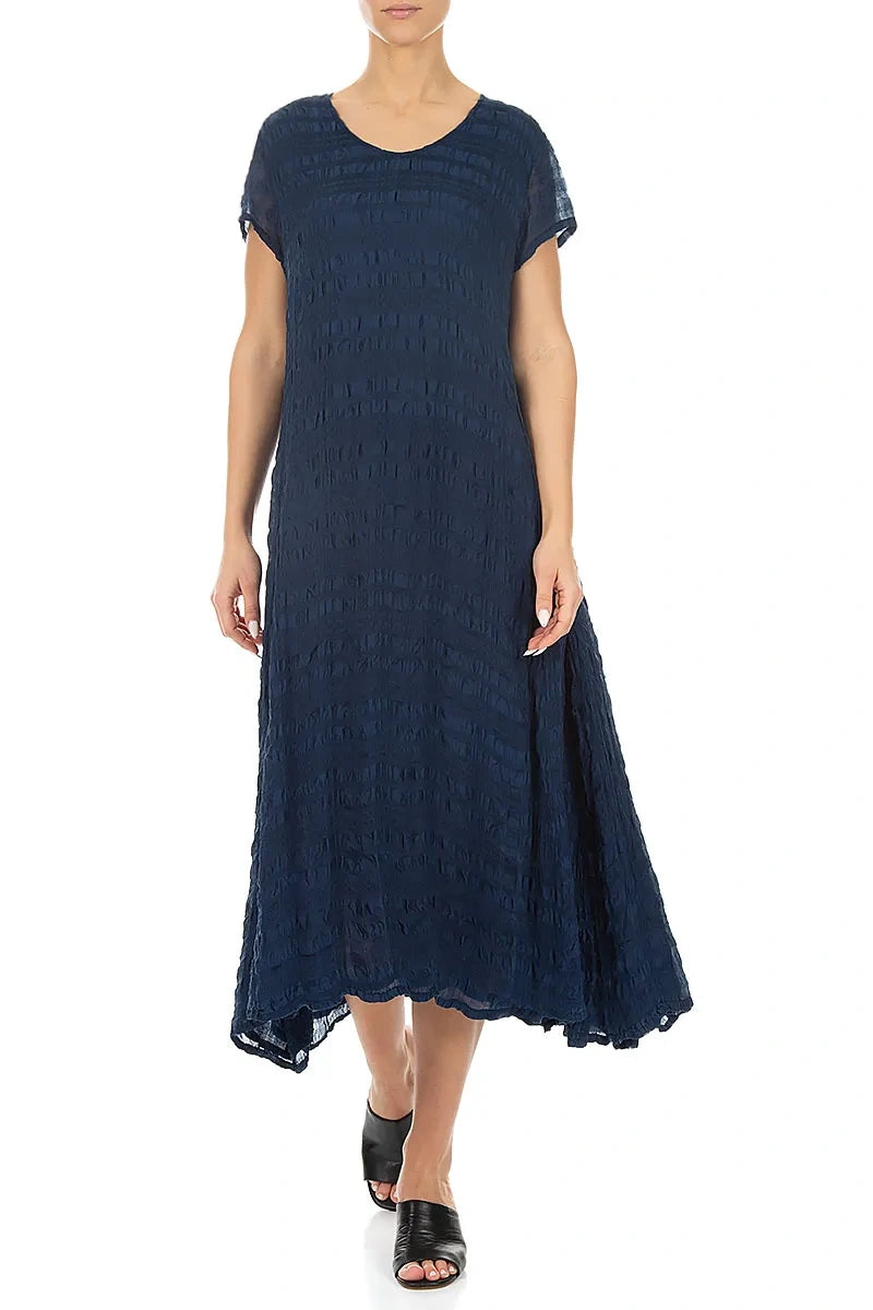Short Sleeves Navy Light Silk Dress