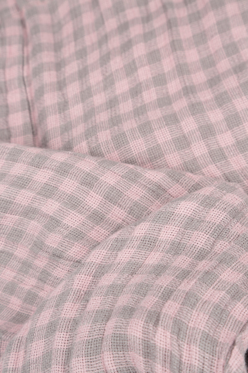 Short Sleeves Pink Check Linen Dress 5