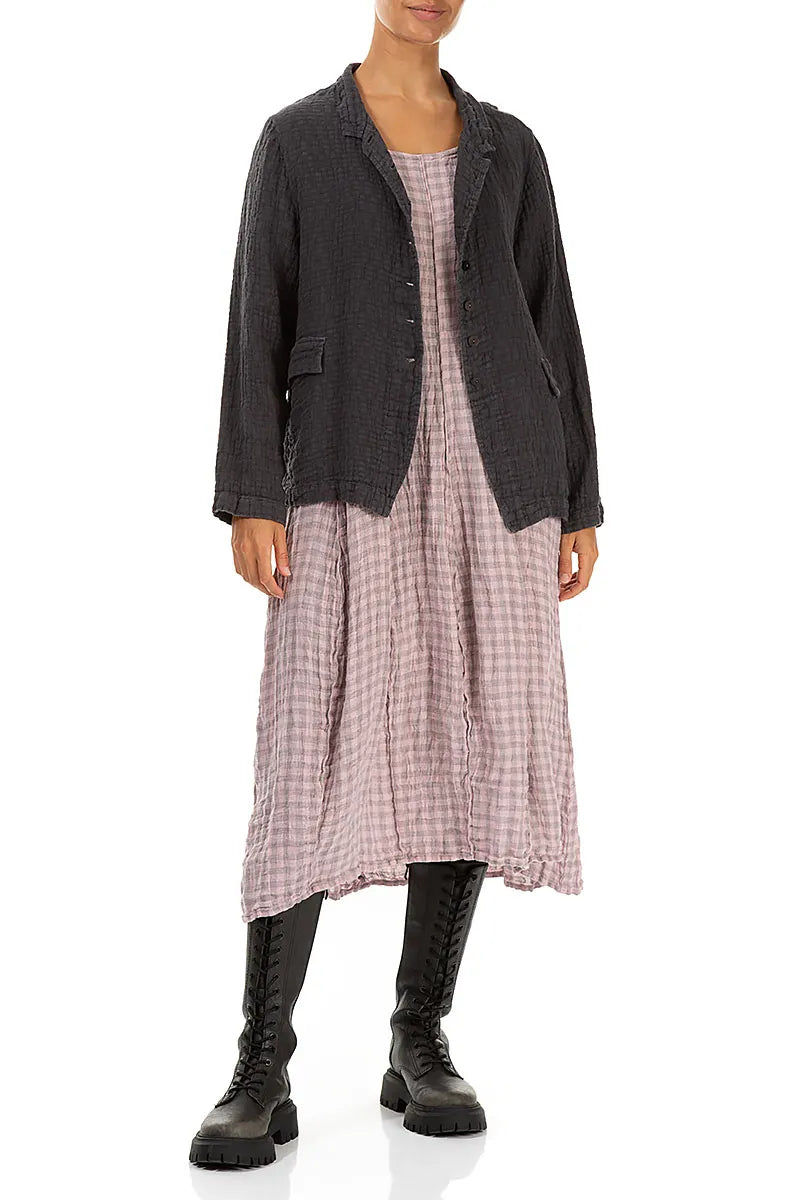 Short Sleeves Pink Check Linen Dress 5