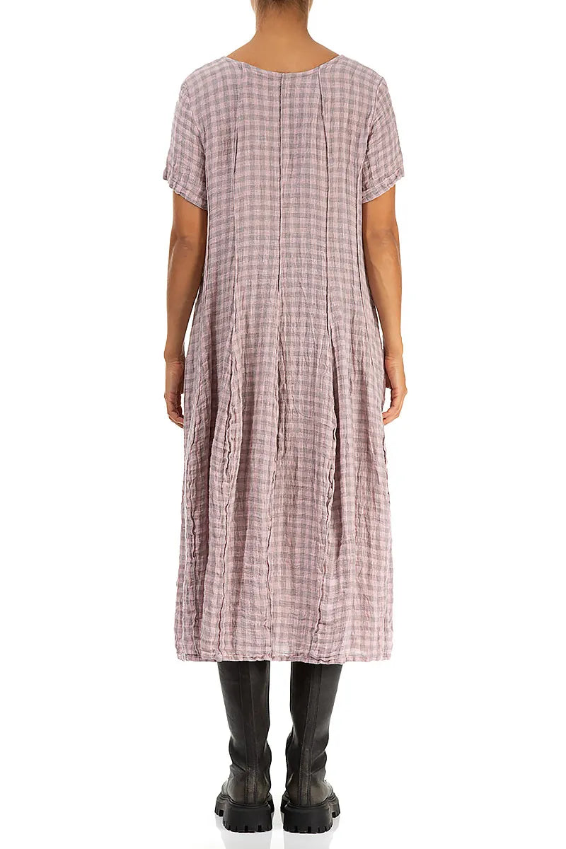 Short Sleeves Pink Check Linen Dress 2