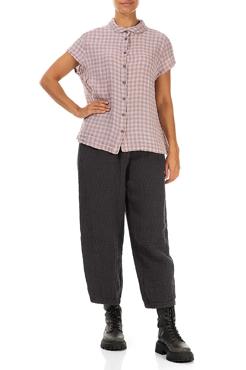 Short Sleeves Pink Check Linen Jacket 4