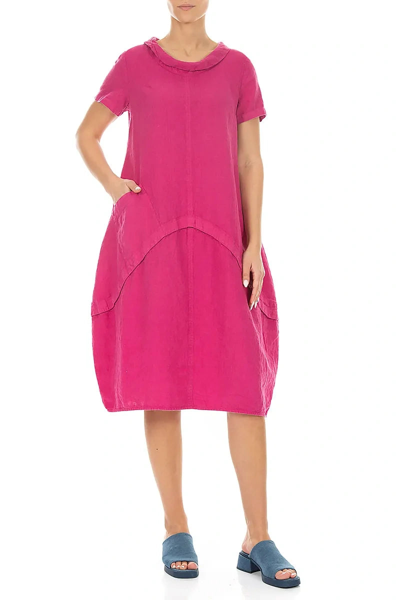 Kurzärmeliges tailliertes Leinenkleid in Fuchsia