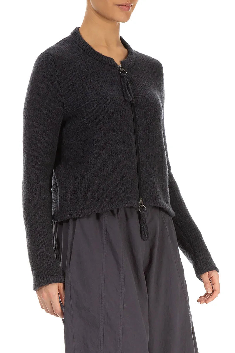 Short Zip Closed Dark Grey Wool Cardigan 3