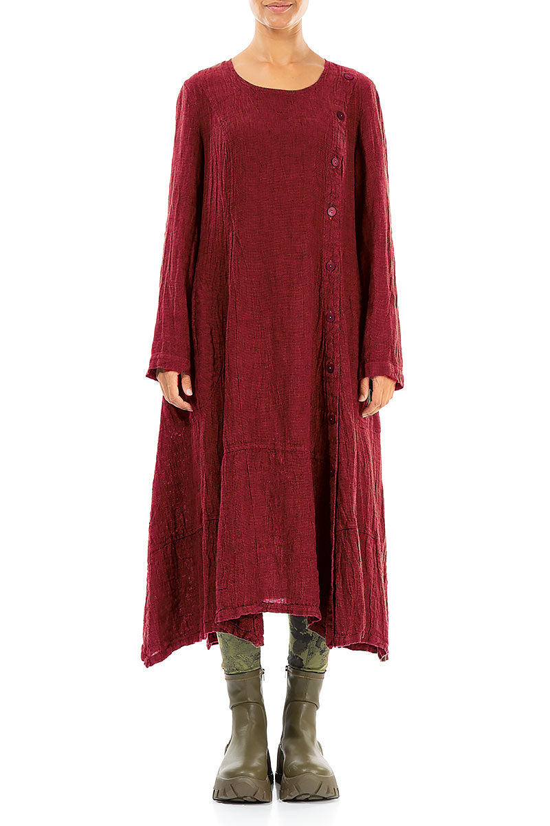 Side Buttons Cherry Red Mélange Linen Dress 1