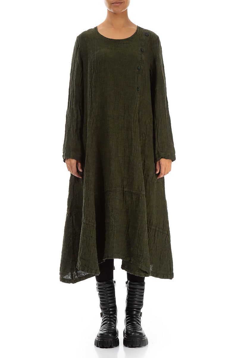 Side Buttons Olive Mélange Linen Dress –