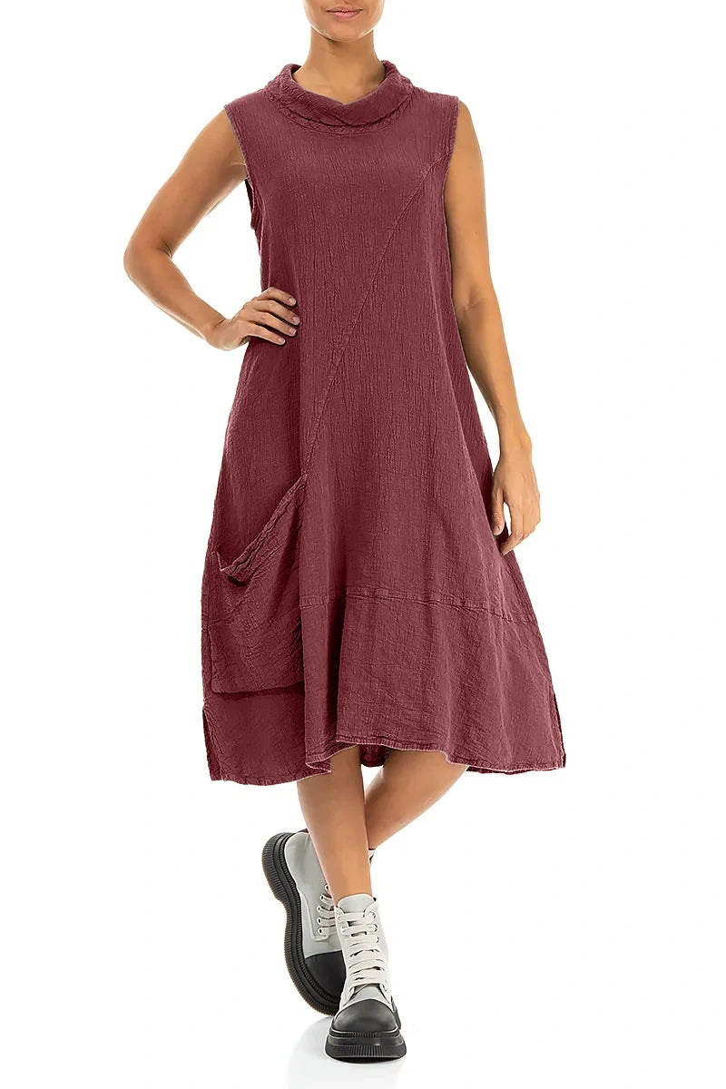 Side Pocket Antique Ruby Textured Linen Dress 4