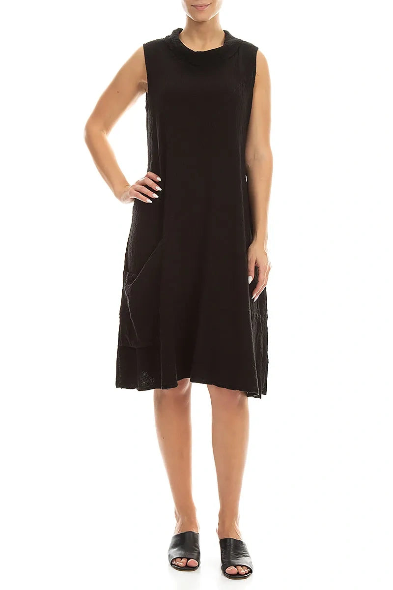 Side Pocket Black Linen Viscose Dress 4