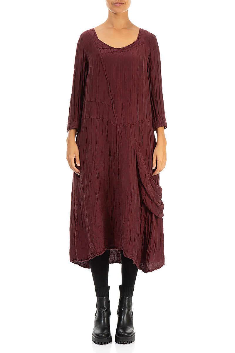 Side Pocket Crinkled Burgundy Silk Linen Dress 1