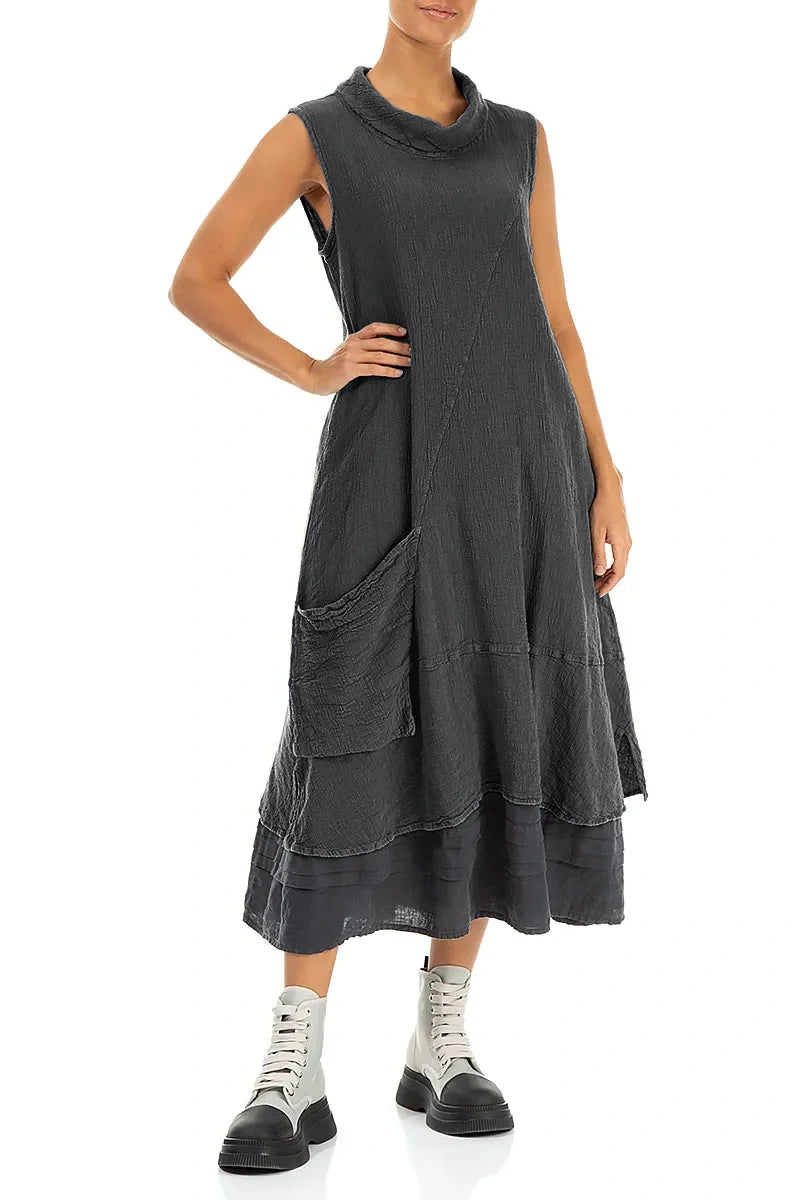 Side Pocket Graphite Textured Linen Dress 5