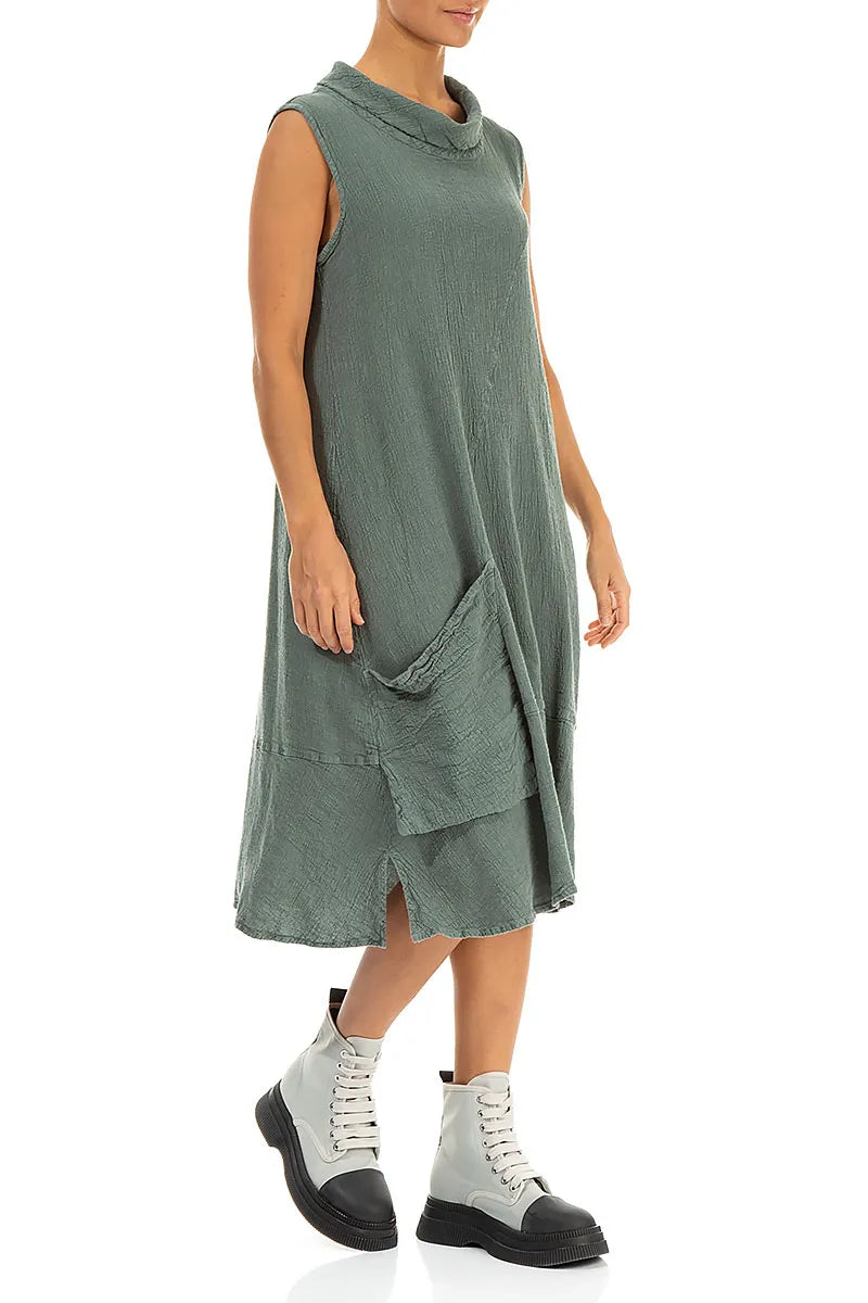 Side Pocket Sage Textured Linen Dress 3