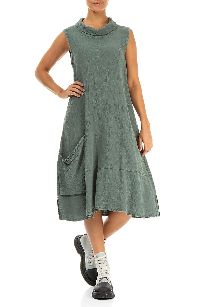 Side Pocket Sage Textured Linen Dress 6