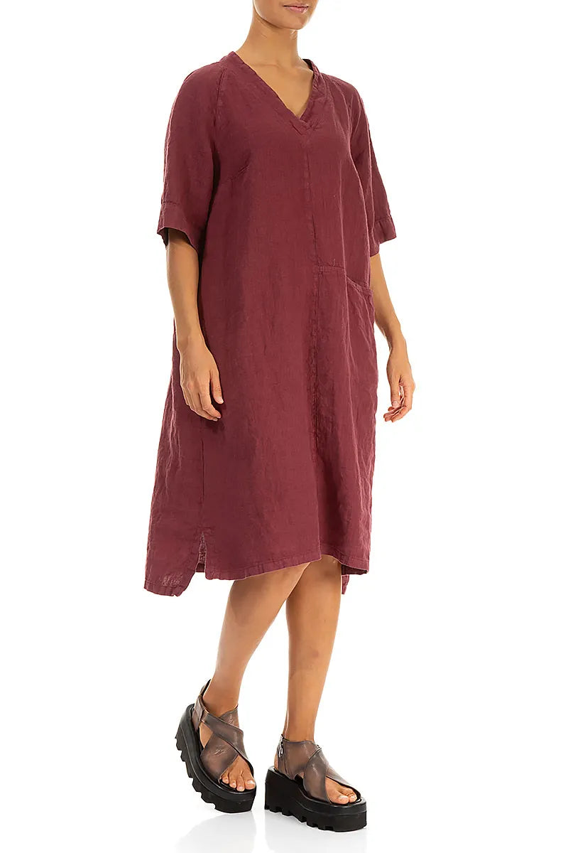 Side Pocket V-Neck Antique Ruby Linen Dress 5