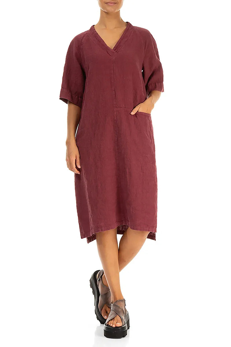 Side Pocket V-Neck Antique Ruby Linen Dress 4