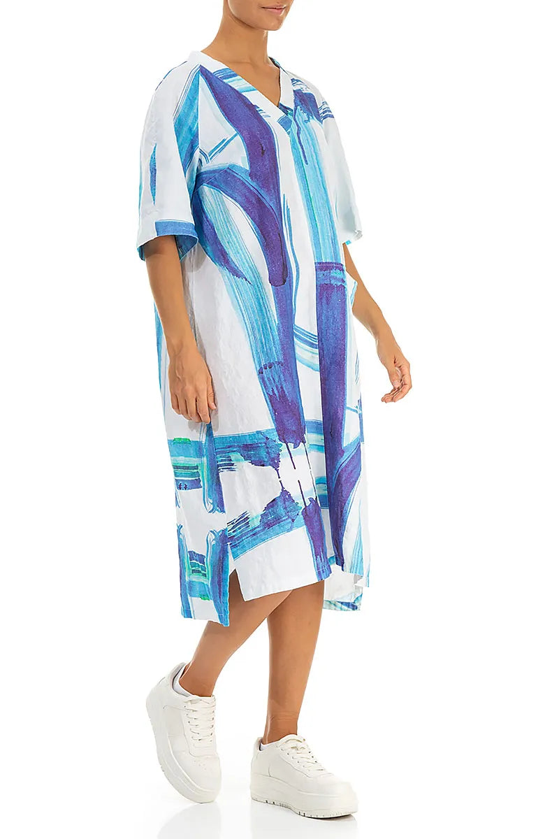 Side Pocket V-Neck Blue Brushstroke Linen Dress