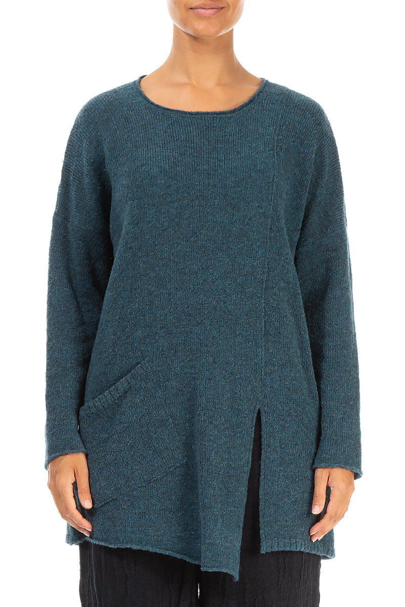 Side Split Teal Wool Sweater 1
