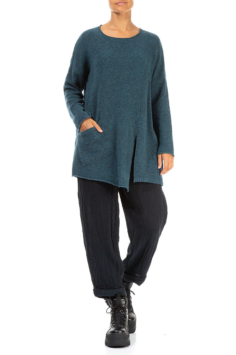 Side Split Teal Wool Sweater 4