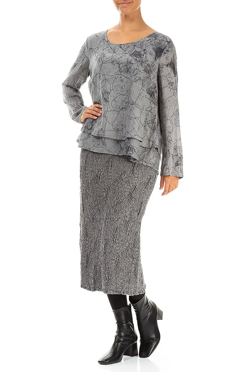 Silver Textured Silk Linen Pencil Skirt 4