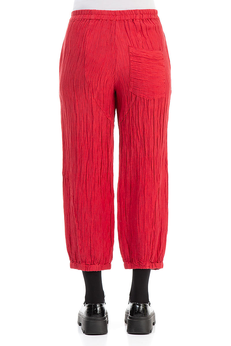 Single Back Pocket Crinkled Red Silk Trousers