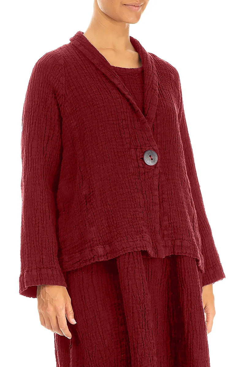 Single Button Cherry Red Textured Linen Jacket 3